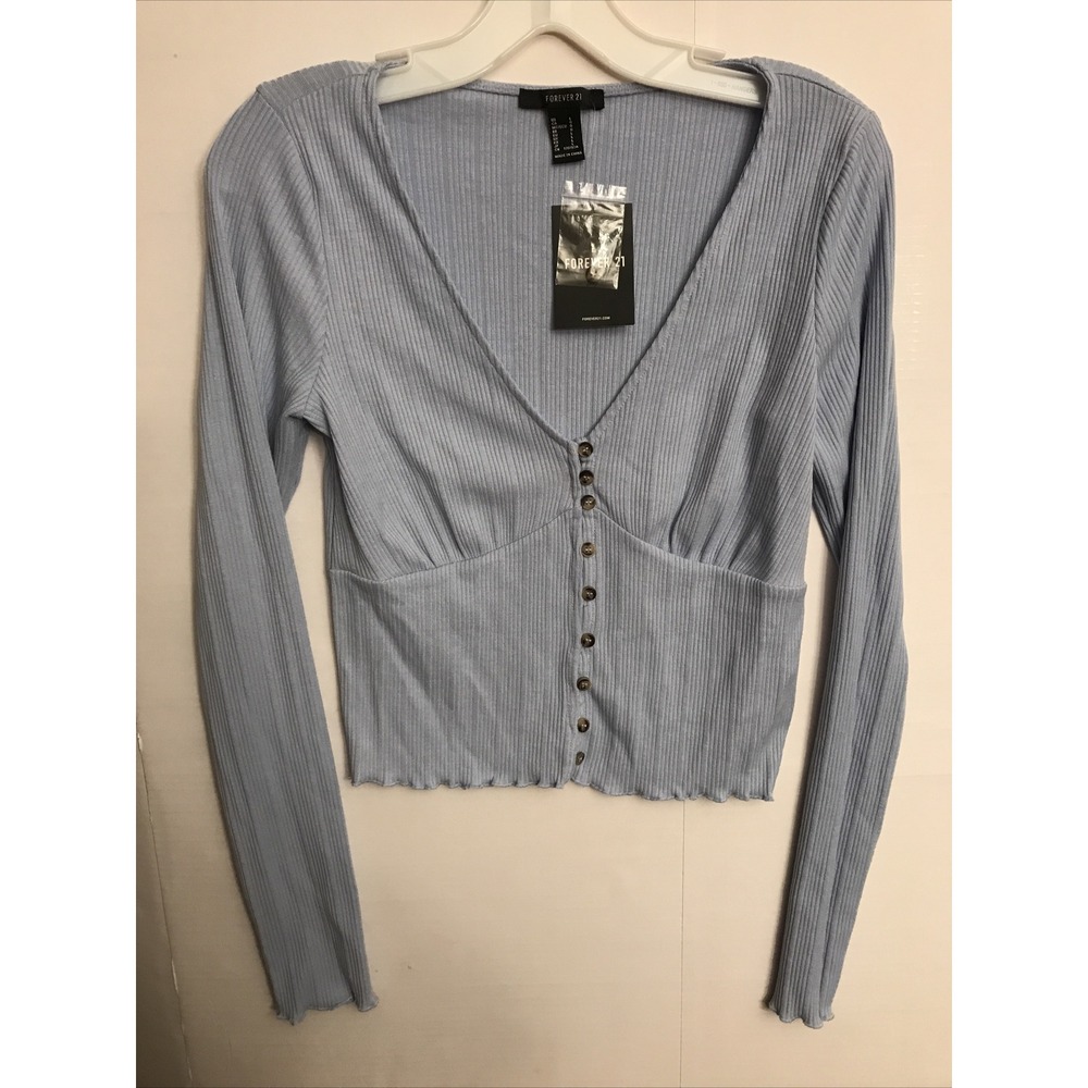 Forever 21 baby blue Large cropped rib knit long sleeve top NWT